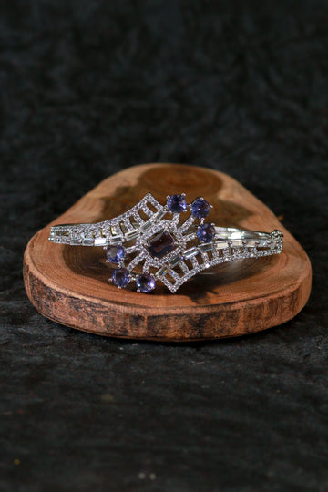 Geometric Silver Bracelet with Purple Gem Accents
