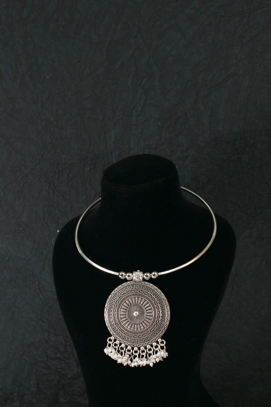 Oxidised German Silver Hansli Necklace with Round Mandala Pendant