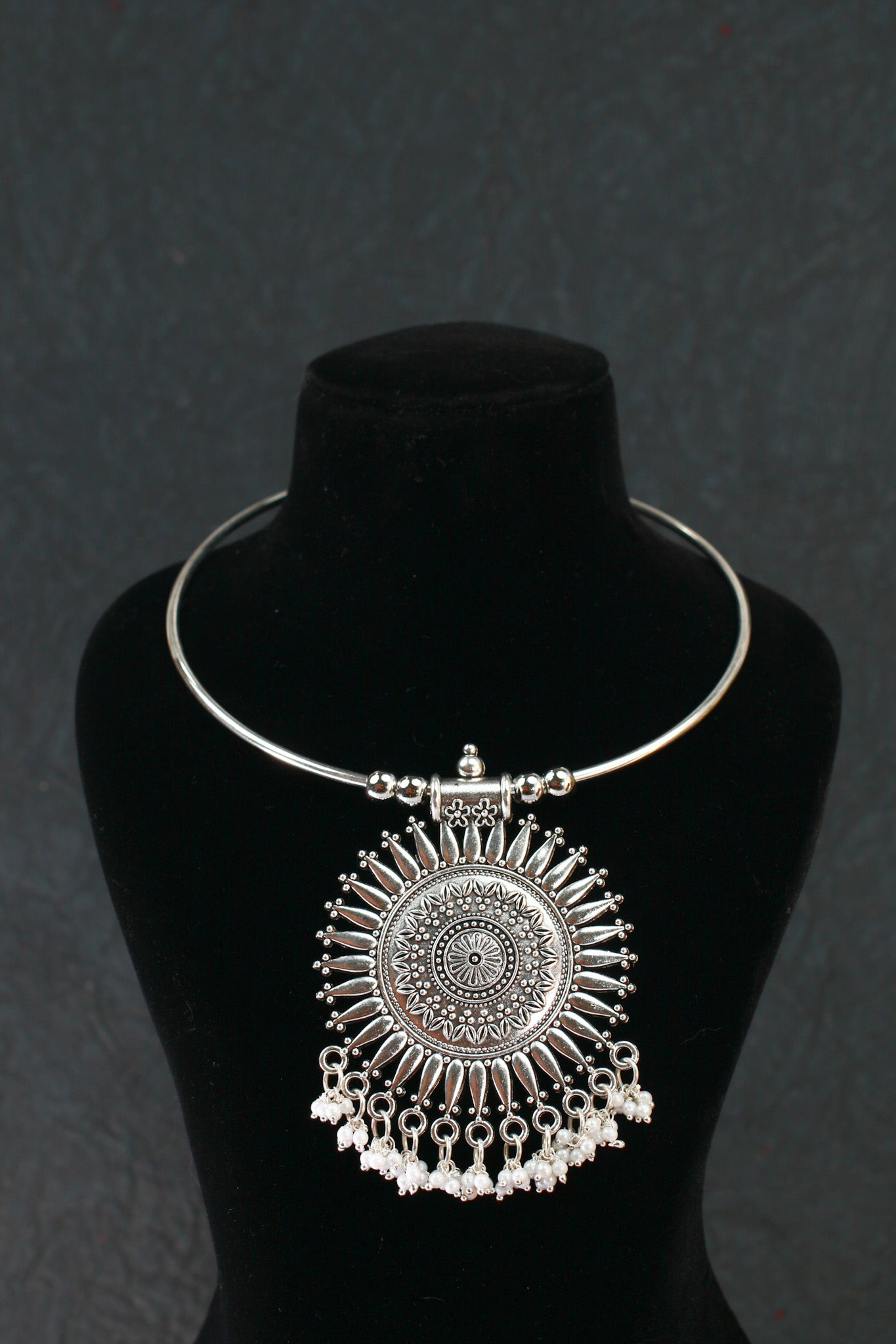 Oxidised German Silver Hansli Necklace with Sunburst Pendant & Pearl Fringe