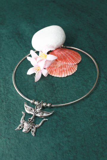 Oxidised German Silver Hansli Necklace with Tribal Leaf Totem Pendant