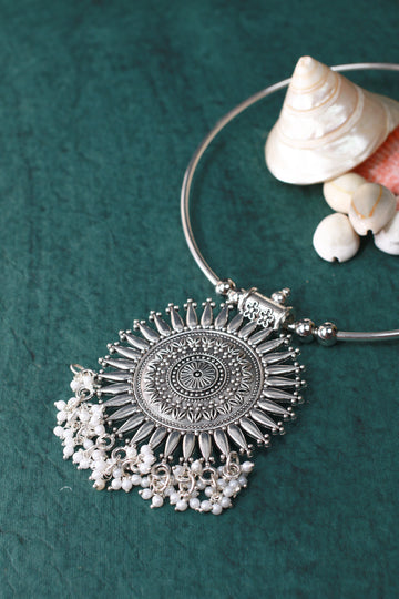 Oxidised German Silver Hansli Necklace with Sunburst Pendant