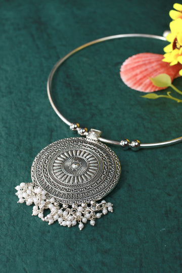 Oxidised German Silver Hansli Necklace with Round Mandala Pendant
