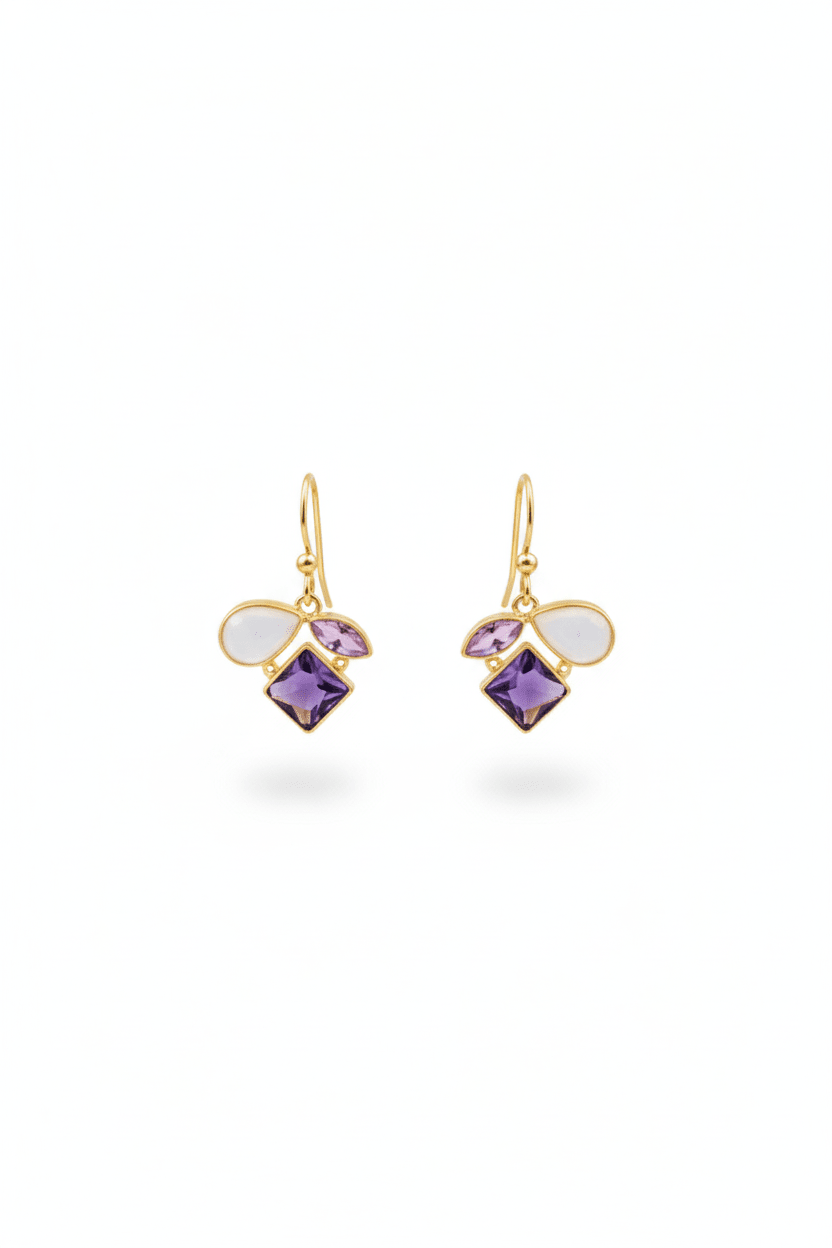 Amethyst Cluster Earrings with Champagne & Blush Petals | Natural Stones, Gold‑Plated Brass - Maxiblink