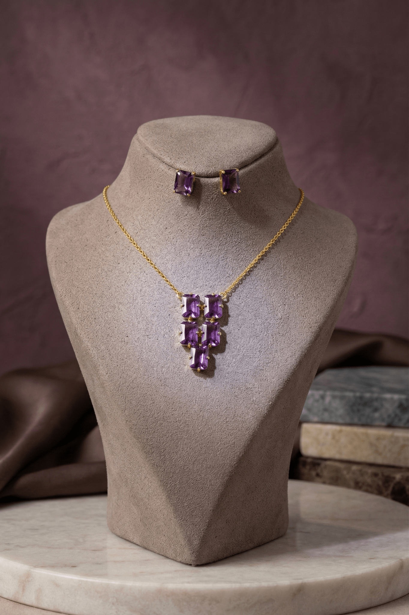 Amethyst Purple Natural Stone Cluster Statement Necklace Set – Gold Plated Brass Party Jewelry - Maxiblink