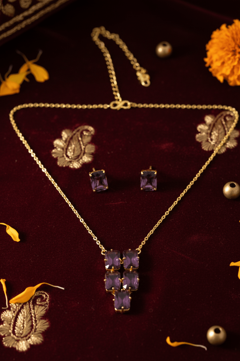 Amethyst Purple Natural Stone Cluster Statement Necklace Set – Gold Plated Brass Party Jewelry - Maxiblink