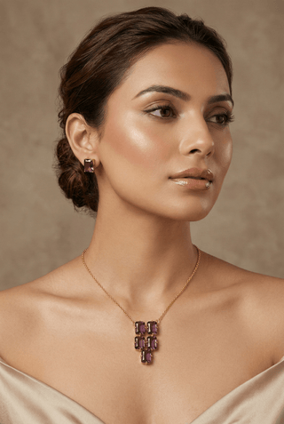 Amethyst Purple Natural Stone Cluster Statement Necklace Set – Gold Plated Brass Party Jewelry - Maxiblink