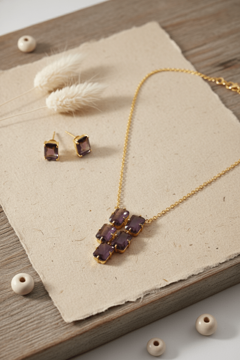 Amethyst Purple Natural Stone Cluster Statement Necklace Set – Gold Plated Brass Party Jewelry - Maxiblink