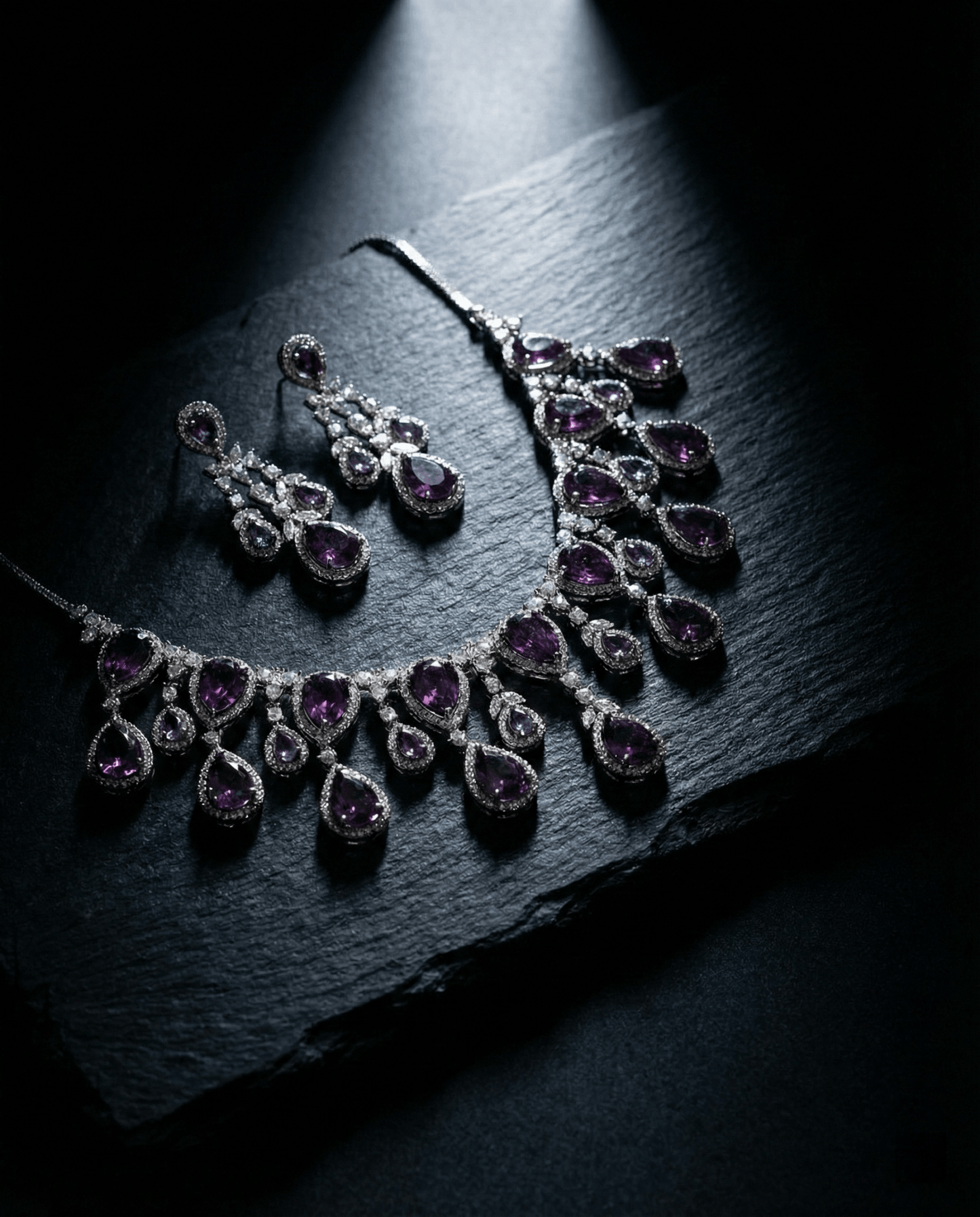 Amethyst Purple Teardrop Necklace Set with Crystal Detailing | Luxury Party Jewellery - Maxiblink