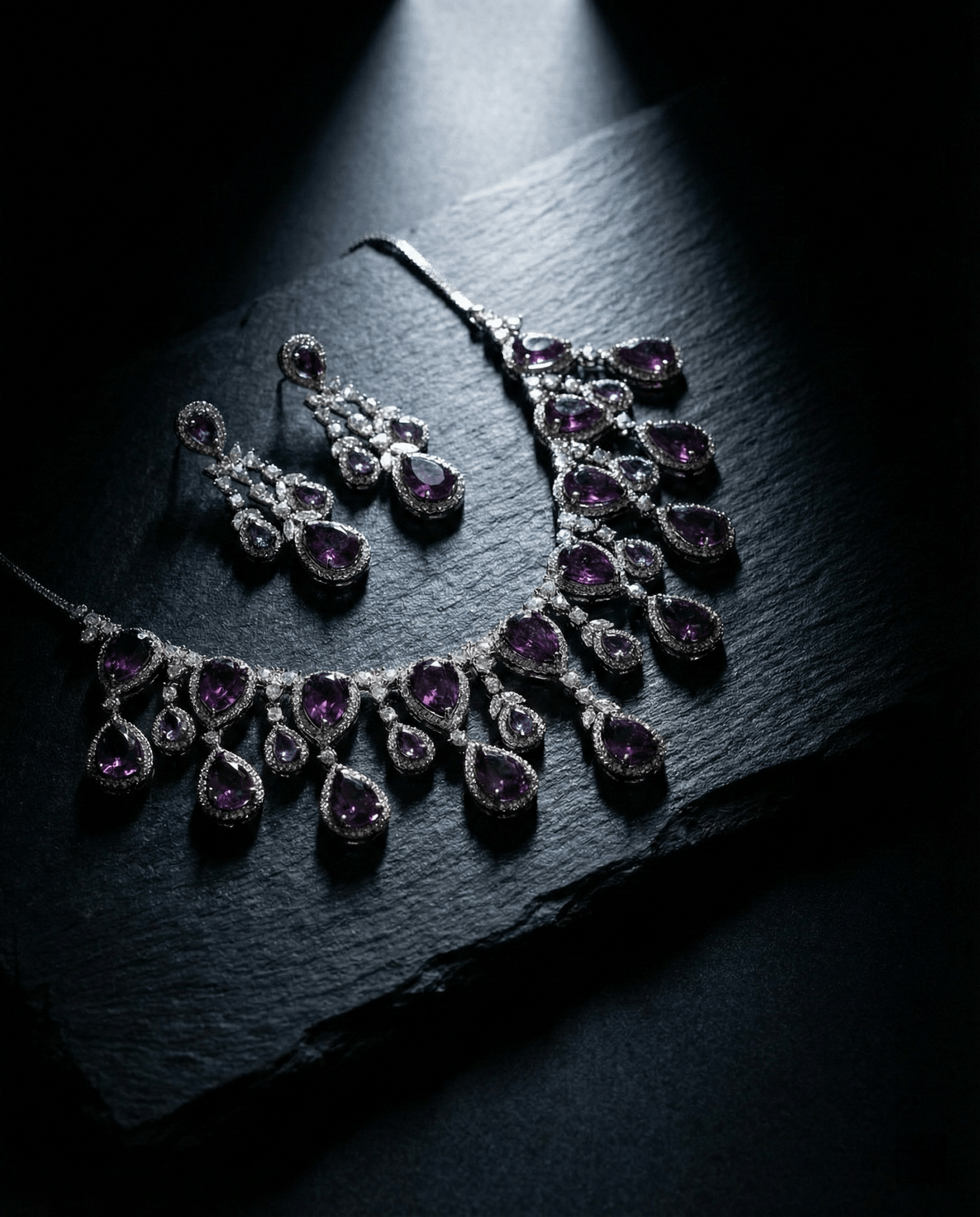 Amethyst Purple Teardrop Necklace Set with Crystal Detailing | Luxury Party Jewellery - Maxiblink