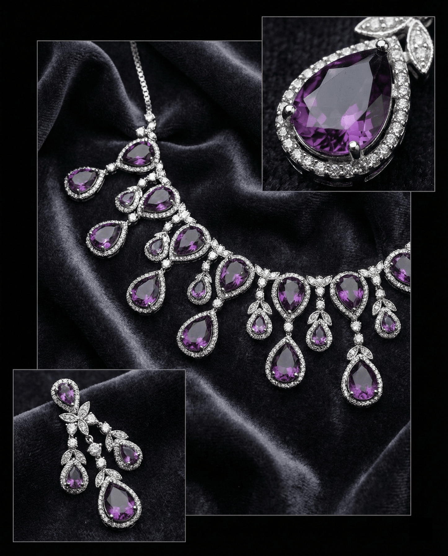 Amethyst Purple Teardrop Necklace Set with Crystal Detailing | Luxury Party Jewellery - Maxiblink