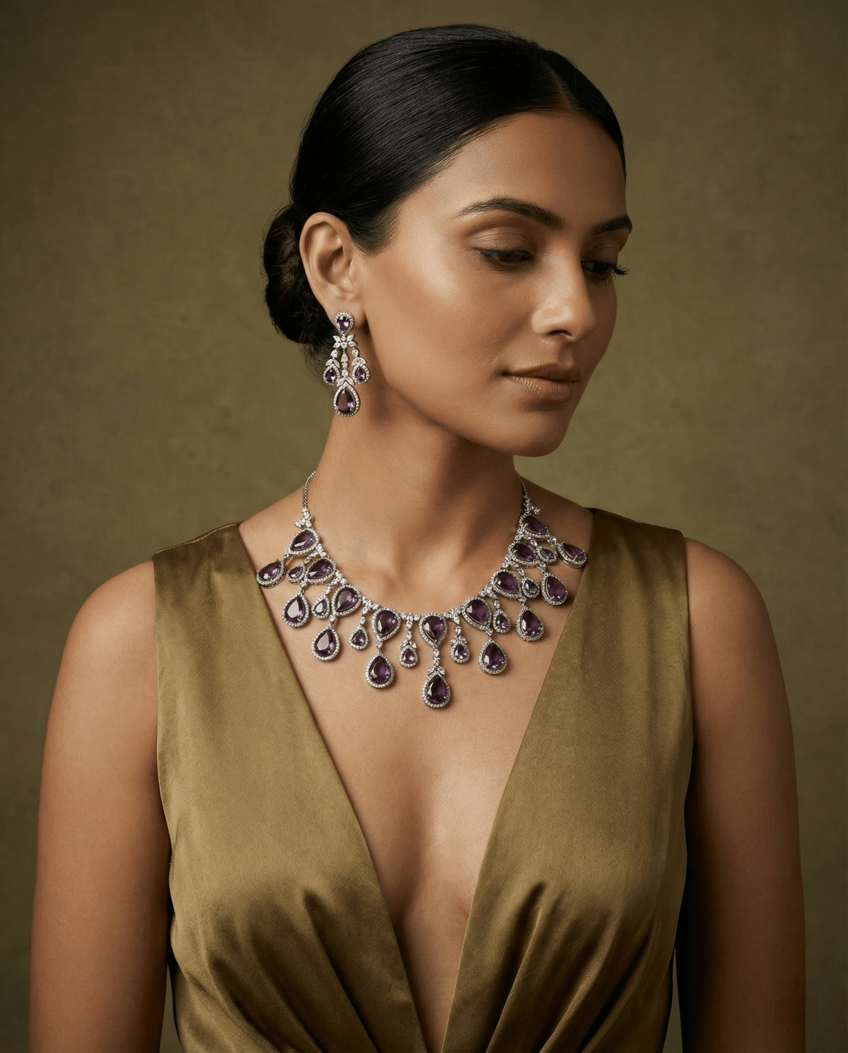 Amethyst Purple Teardrop Necklace Set with Crystal Detailing | Luxury Party Jewellery - Maxiblink