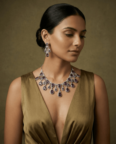 Amethyst Purple Teardrop Necklace Set with Crystal Detailing | Luxury Party Jewellery - Maxiblink