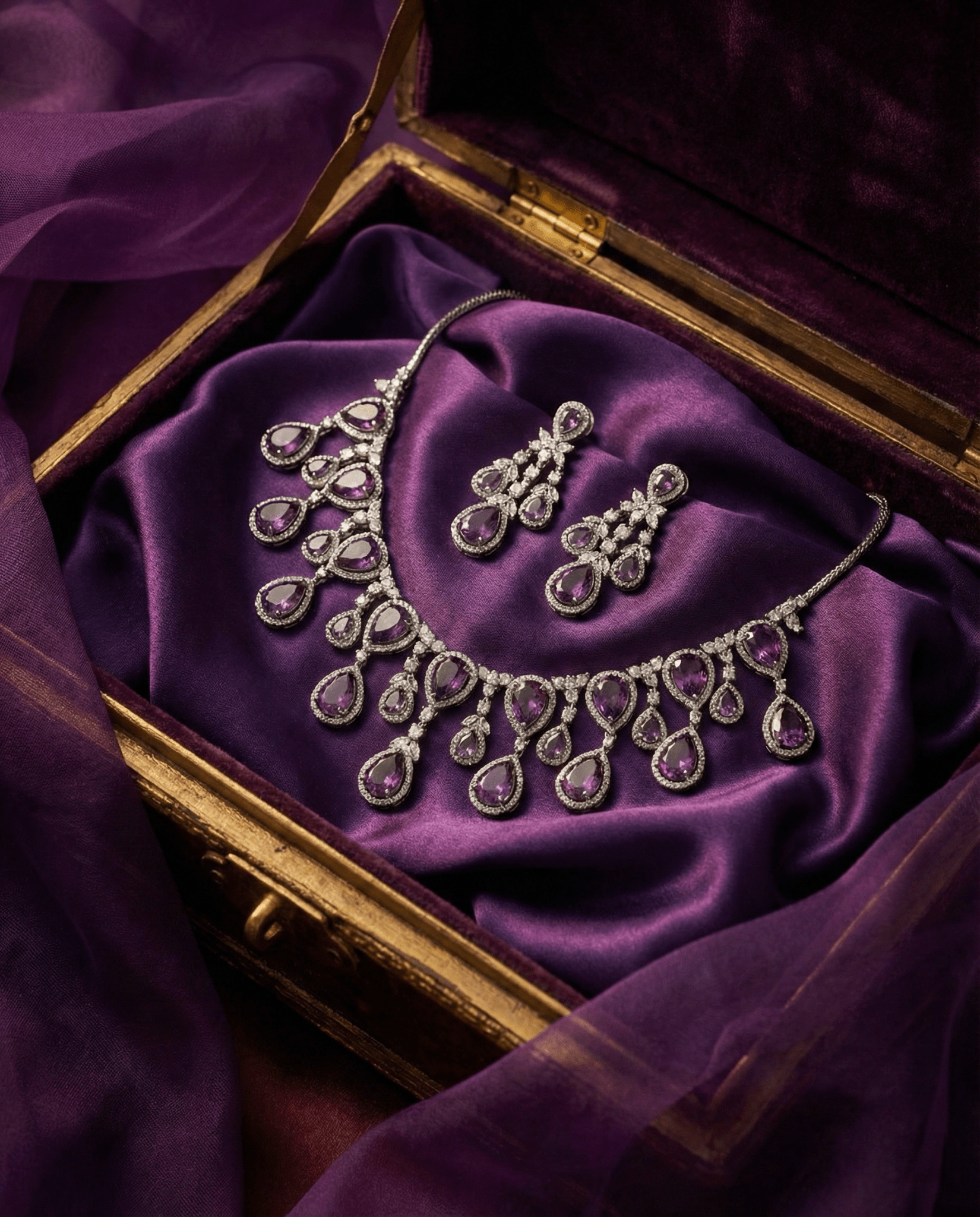 Amethyst Purple Teardrop Necklace Set with Crystal Detailing | Luxury Party Jewellery - Maxiblink