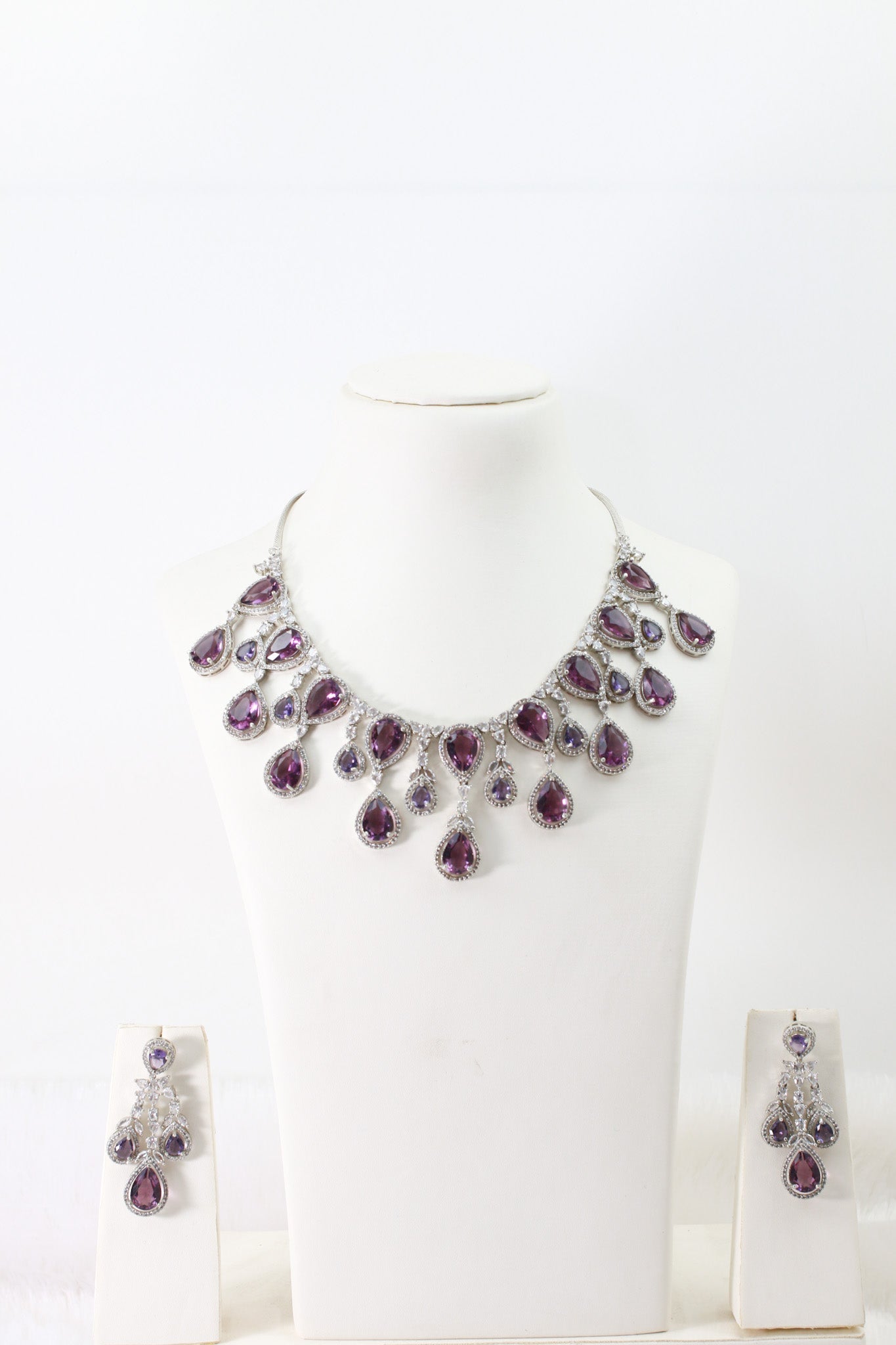 Amethyst Purple Teardrop Necklace Set with Crystal Detailing | Luxury Party Jewellery - Maxiblink