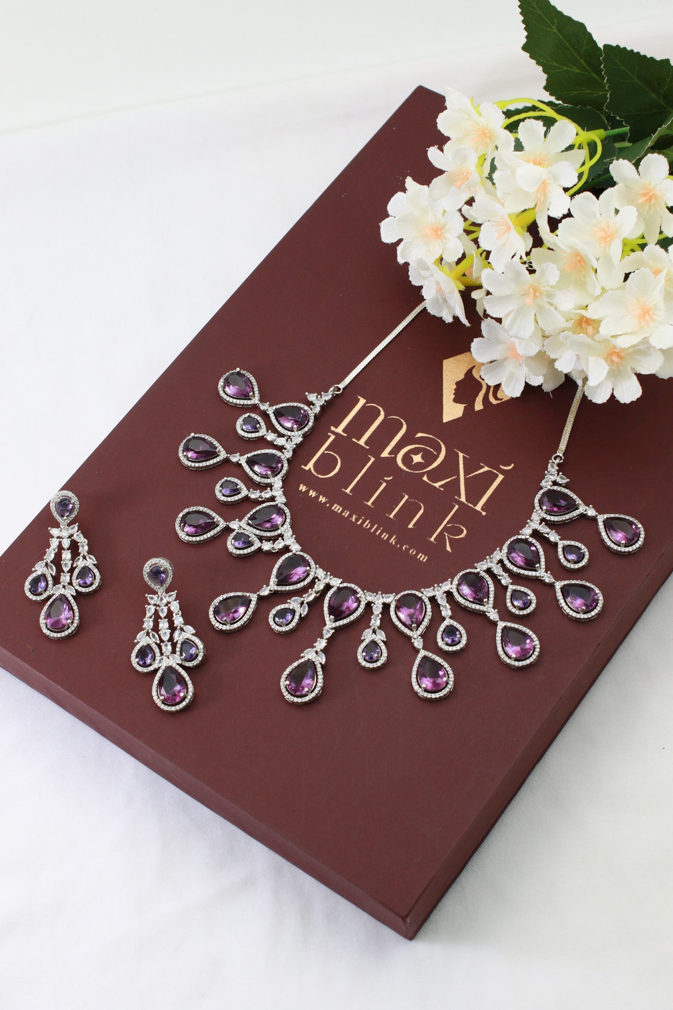 Amethyst Purple Teardrop Necklace Set with Crystal Detailing | Luxury Party Jewellery - Maxiblink