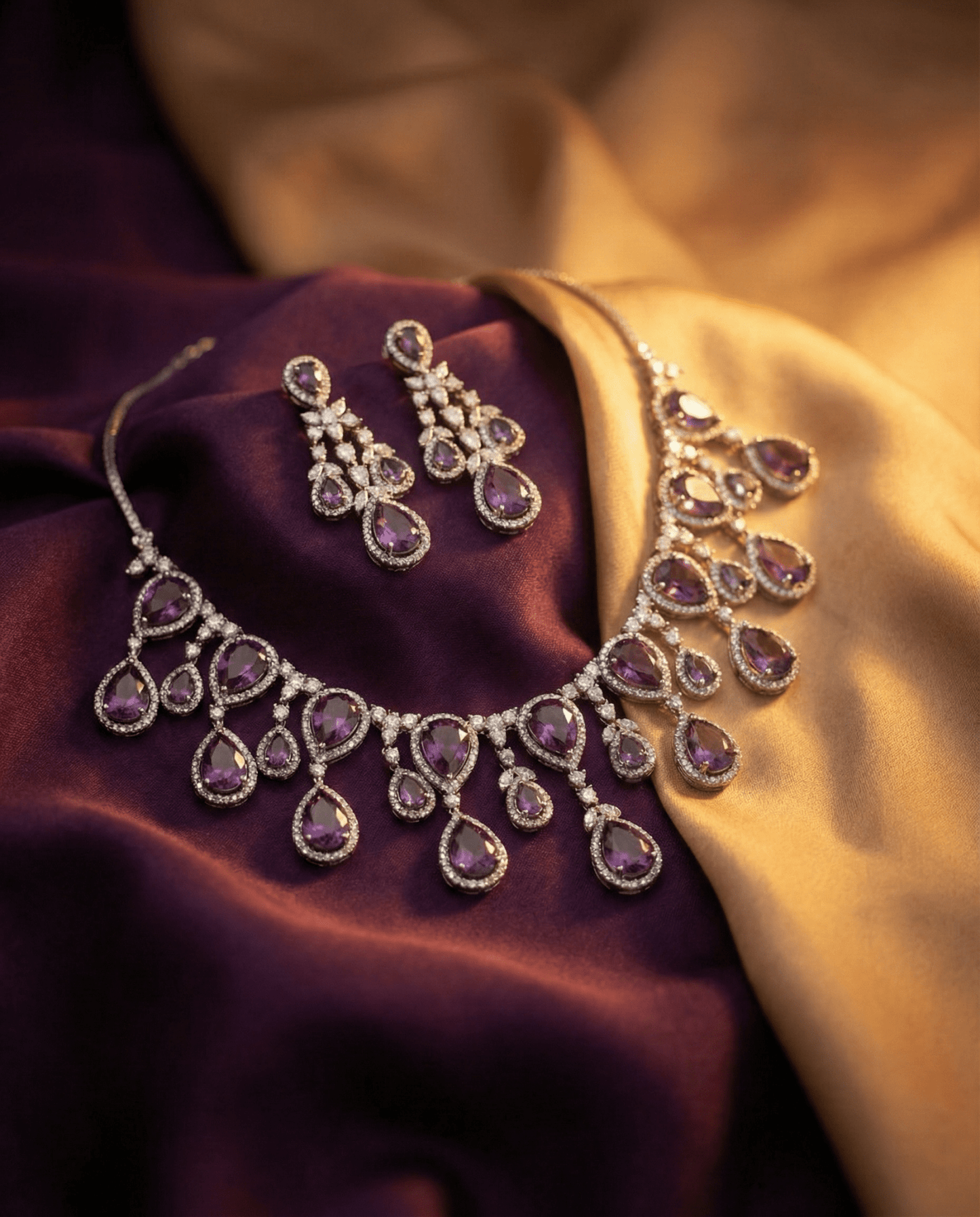 Amethyst Purple Teardrop Necklace Set with Crystal Detailing | Luxury Party Jewellery - Maxiblink