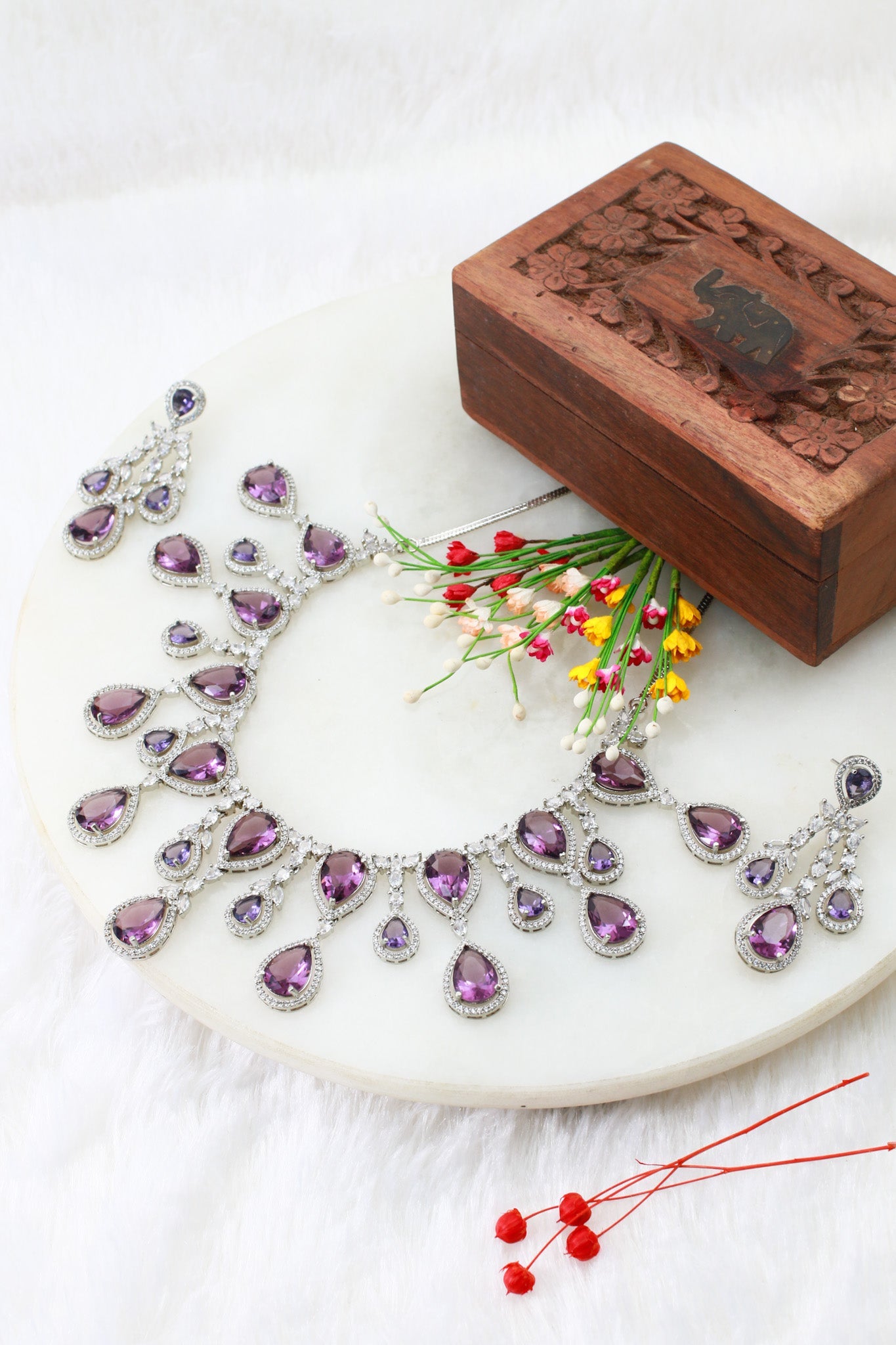 Amethyst Purple Teardrop Necklace Set with Crystal Detailing | Luxury Party Jewellery - Maxiblink