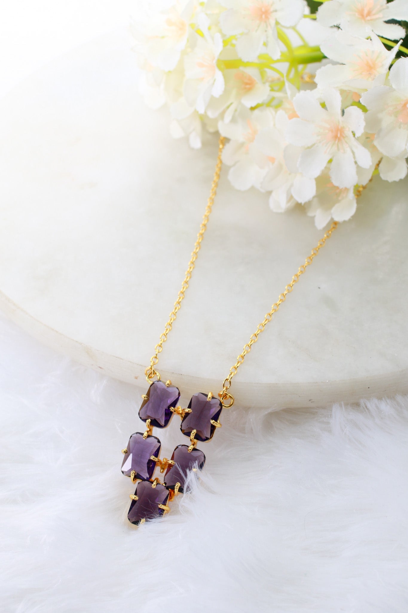 Amethyst Stone Cluster Pendant Necklace | Gold - Plated Brass, Anti - Tarnish - Maxiblink
