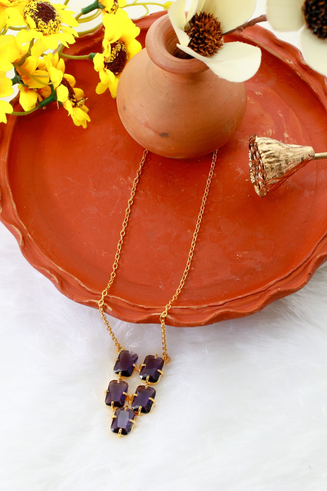 Amethyst Stone Cluster Pendant Necklace | Gold - Plated Brass, Anti - Tarnish - Maxiblink
