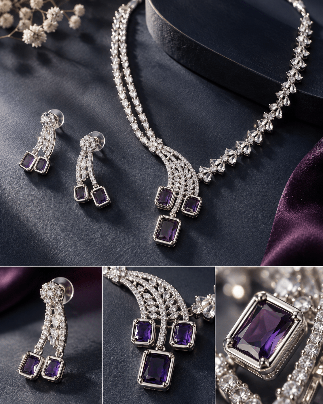 Amethyst Trio Drop Necklace Set - Maxiblink