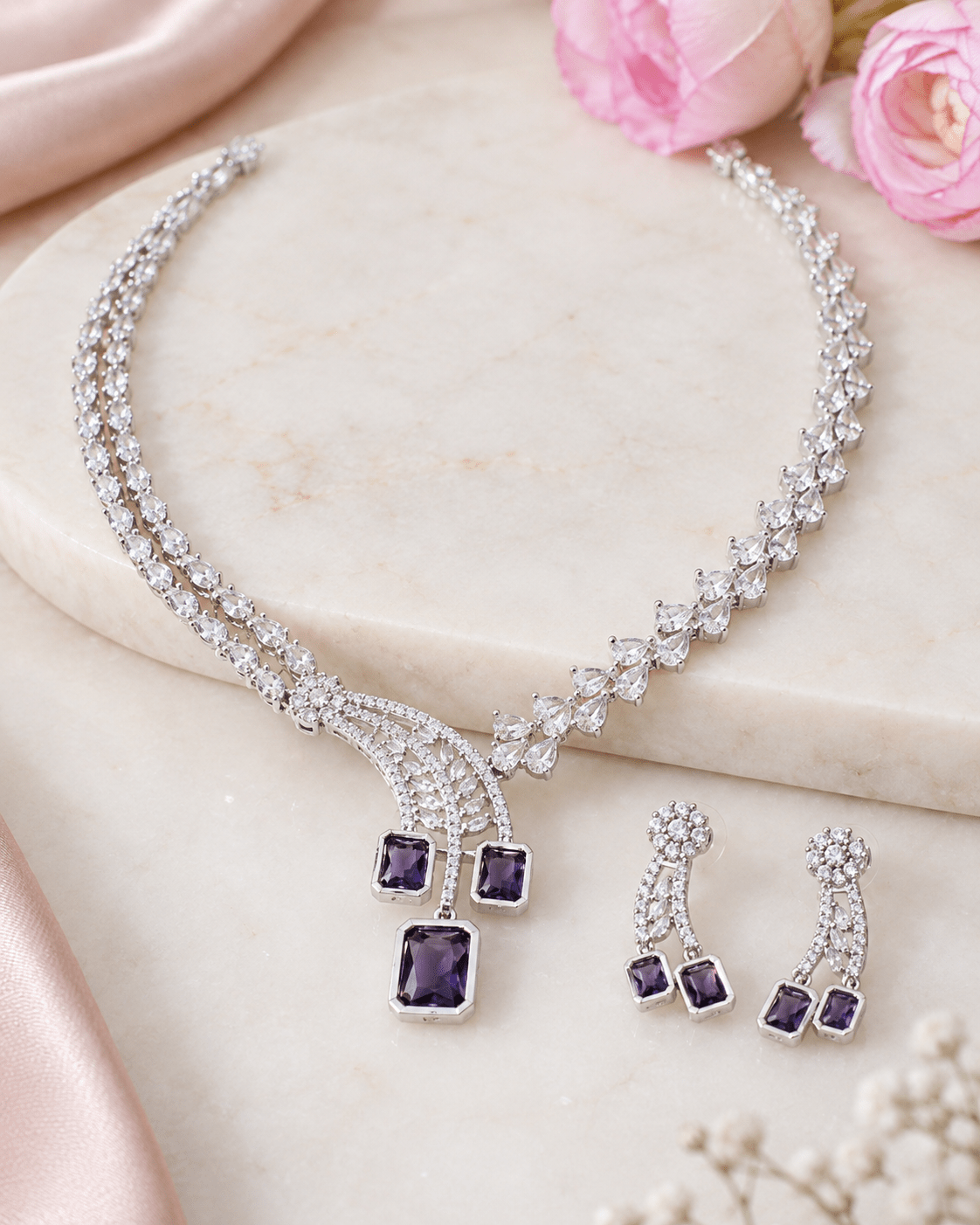 Amethyst Trio Drop Necklace Set - Maxiblink