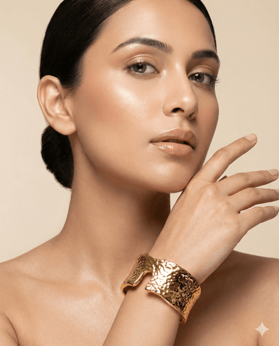 Anti - Tarnish Gold Hammered Sculptural Cuff Bracelet – Bold Textured Design - Maxiblink