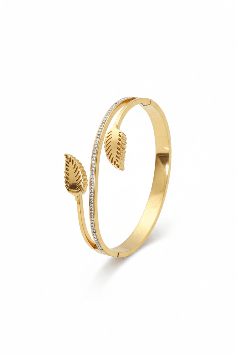 Anti - Tarnish Gold Leaf Dual - Band Cuff Bracelet – Stainless Steel with CZ Detailing - Maxiblink