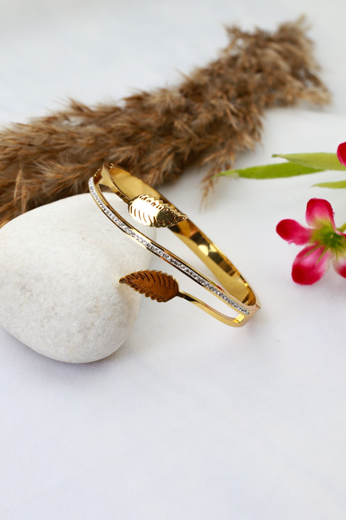 Anti - Tarnish Gold Leaf Dual - Band Cuff Bracelet – Stainless Steel with CZ Detailing - Maxiblink