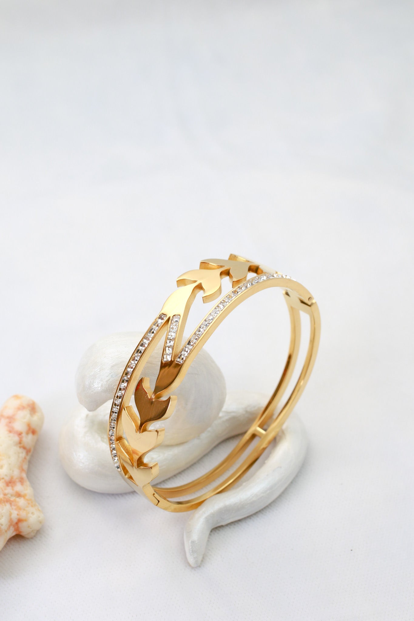Anti - Tarnish Gold Leaf Vine Cuff Bracelet – Stainless Steel with CZ Detailing - Maxiblink