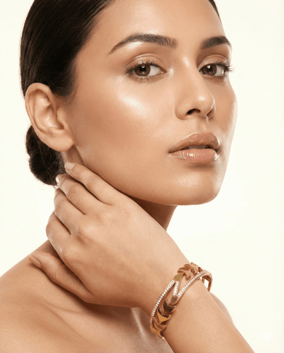 Anti - Tarnish Gold Leaf Vine Cuff Bracelet – Stainless Steel with CZ Detailing - Maxiblink