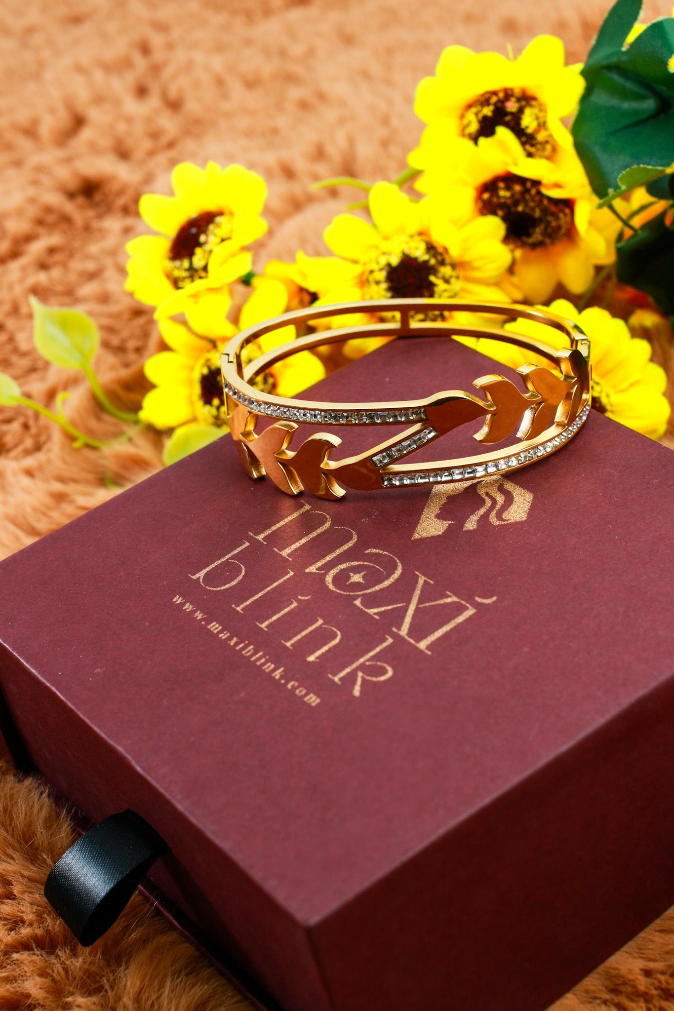 Anti - Tarnish Gold Leaf Vine Cuff Bracelet – Stainless Steel with CZ Detailing - Maxiblink