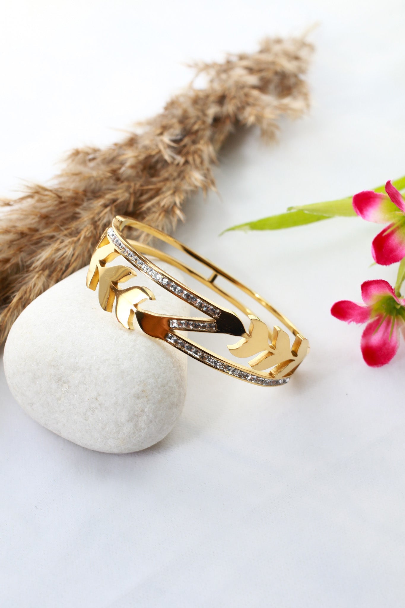 Anti - Tarnish Gold Leaf Vine Cuff Bracelet – Stainless Steel with CZ Detailing - Maxiblink