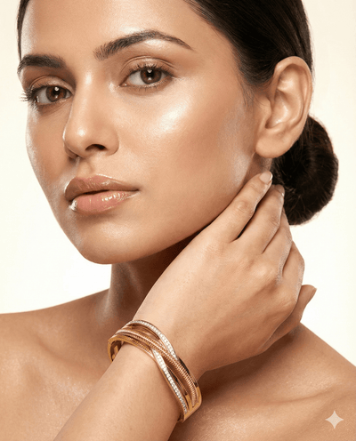 Anti - Tarnish Gold Multi - Layer Textured Cuff Bracelet – Stainless Steel with CZ Accents - Maxiblink