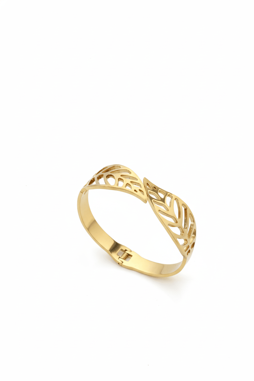 Anti - Tarnish Gold Open Leaf Cuff Bracelet – Stainless Steel Cutout Design - Maxiblink