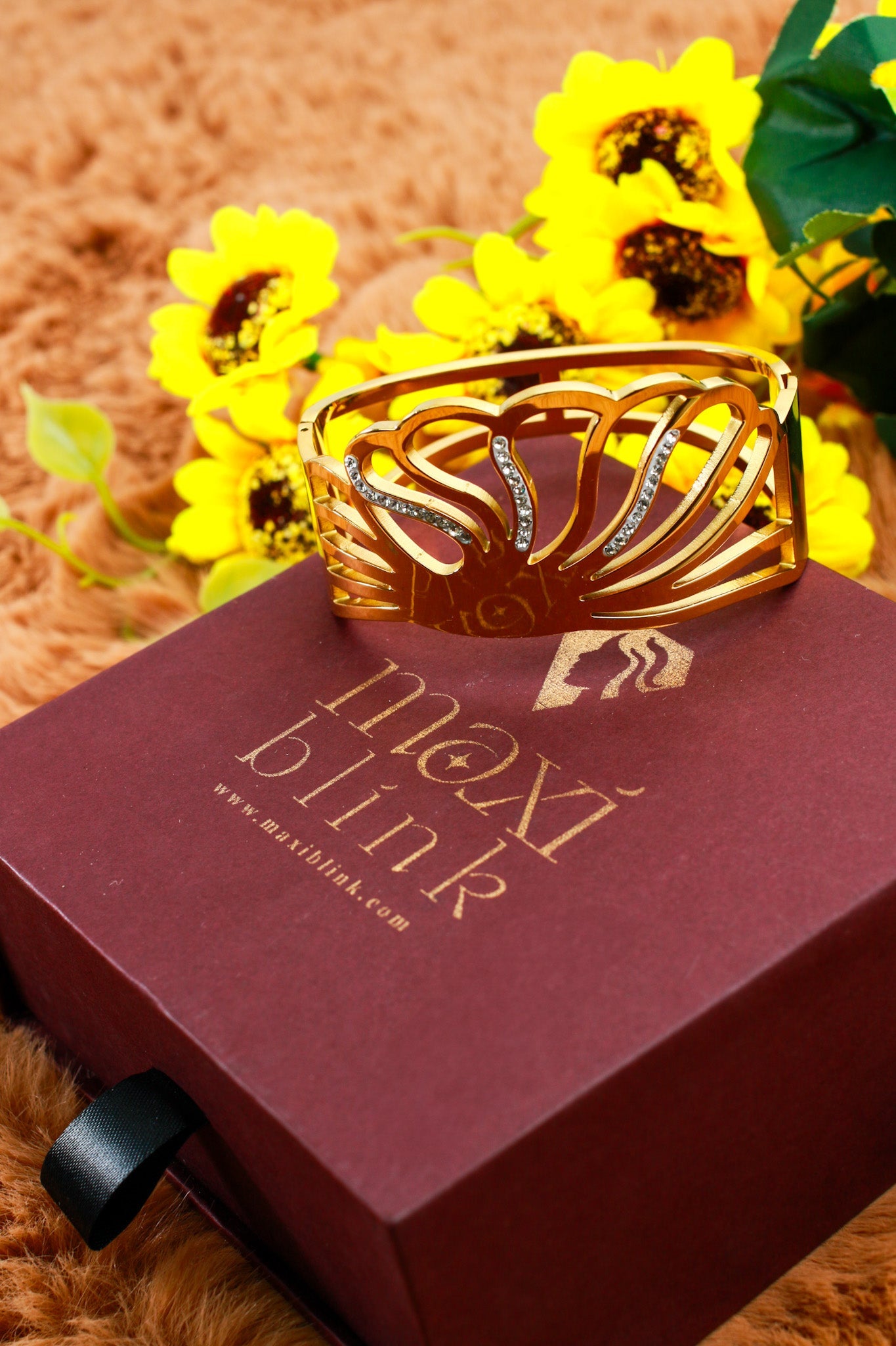 Anti - Tarnish Gold Radiant Petal Cuff Bracelet – Openwork CZ Accent Design - Maxiblink
