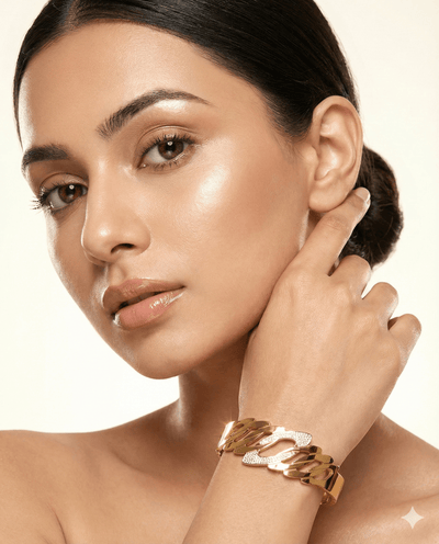 Anti - Tarnish Gold Sculpted Geometric Cuff Bracelet – Stainless Steel with CZ Detailing - Maxiblink