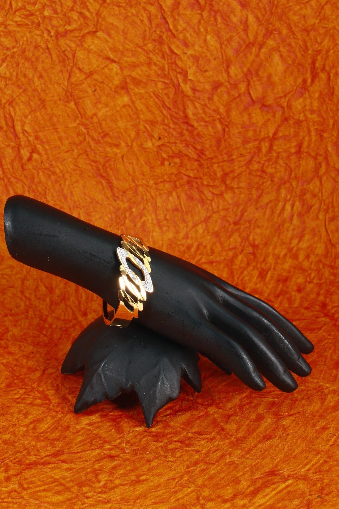 Anti - Tarnish Gold Sculpted Geometric Cuff Bracelet – Stainless Steel with CZ Detailing - Maxiblink
