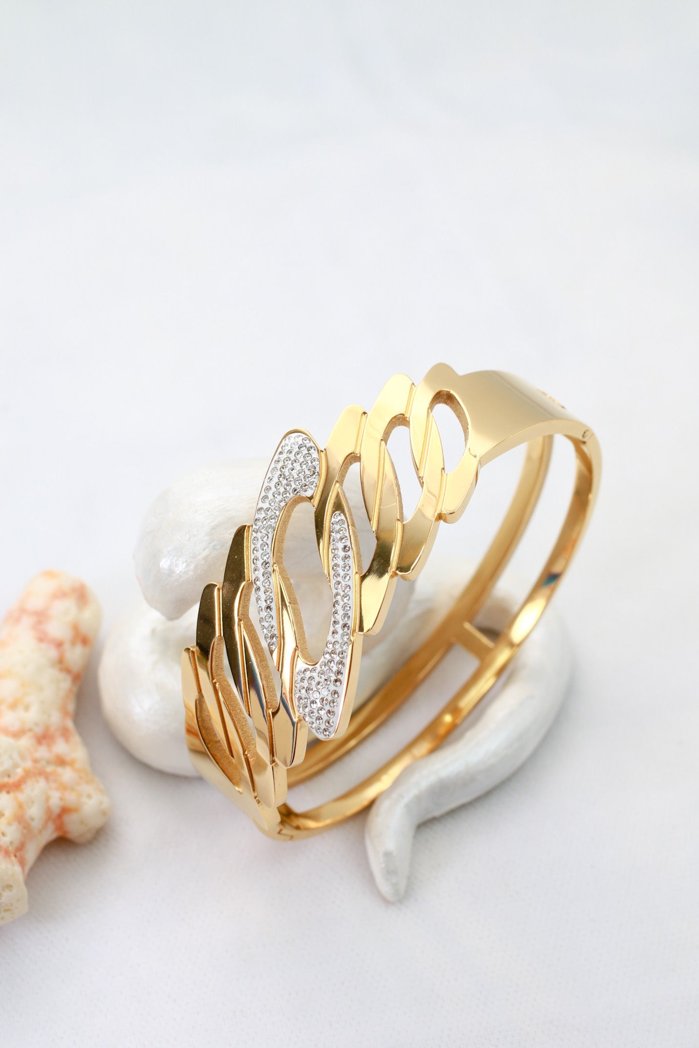 Anti - Tarnish Gold Sculpted Geometric Cuff Bracelet – Stainless Steel with CZ Detailing - Maxiblink