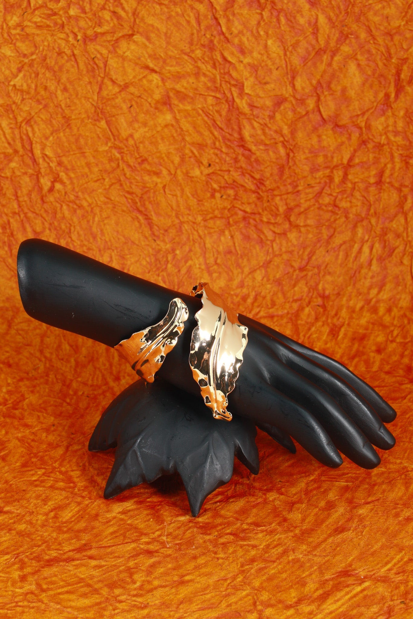 Anti - Tarnish Gold Sculpted Leaf Cuff Bracelet – Textured Statement Design - Maxiblink
