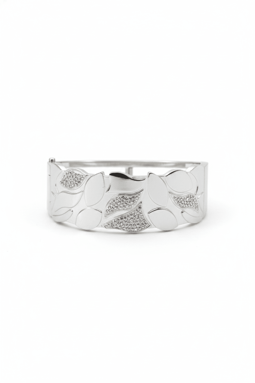 Anti - Tarnish Silver Leaf Harmony Bracelet – Textured & Gloss Finish Cuff - Maxiblink