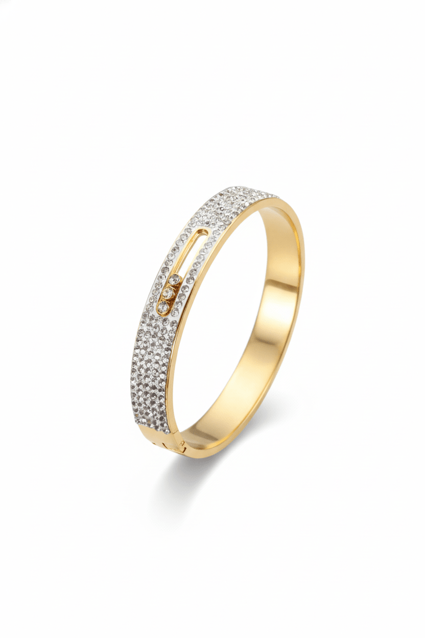 Anti - Tarnish Stainless Steel Bracelet — Gold Crystal Pavé Accent Bangle - Maxiblink