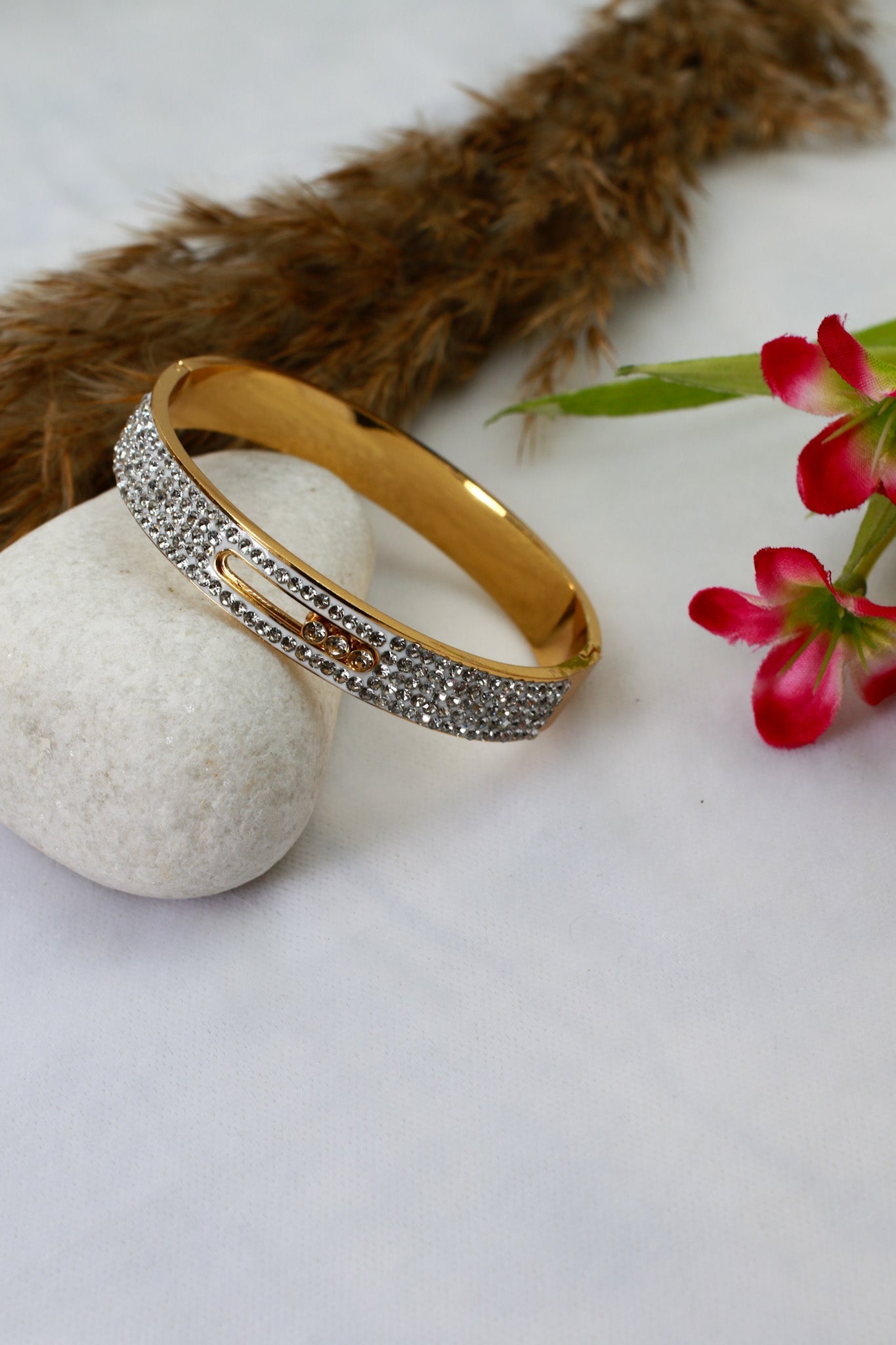 Anti - Tarnish Stainless Steel Bracelet — Gold Crystal Pavé Accent Bangle - Maxiblink