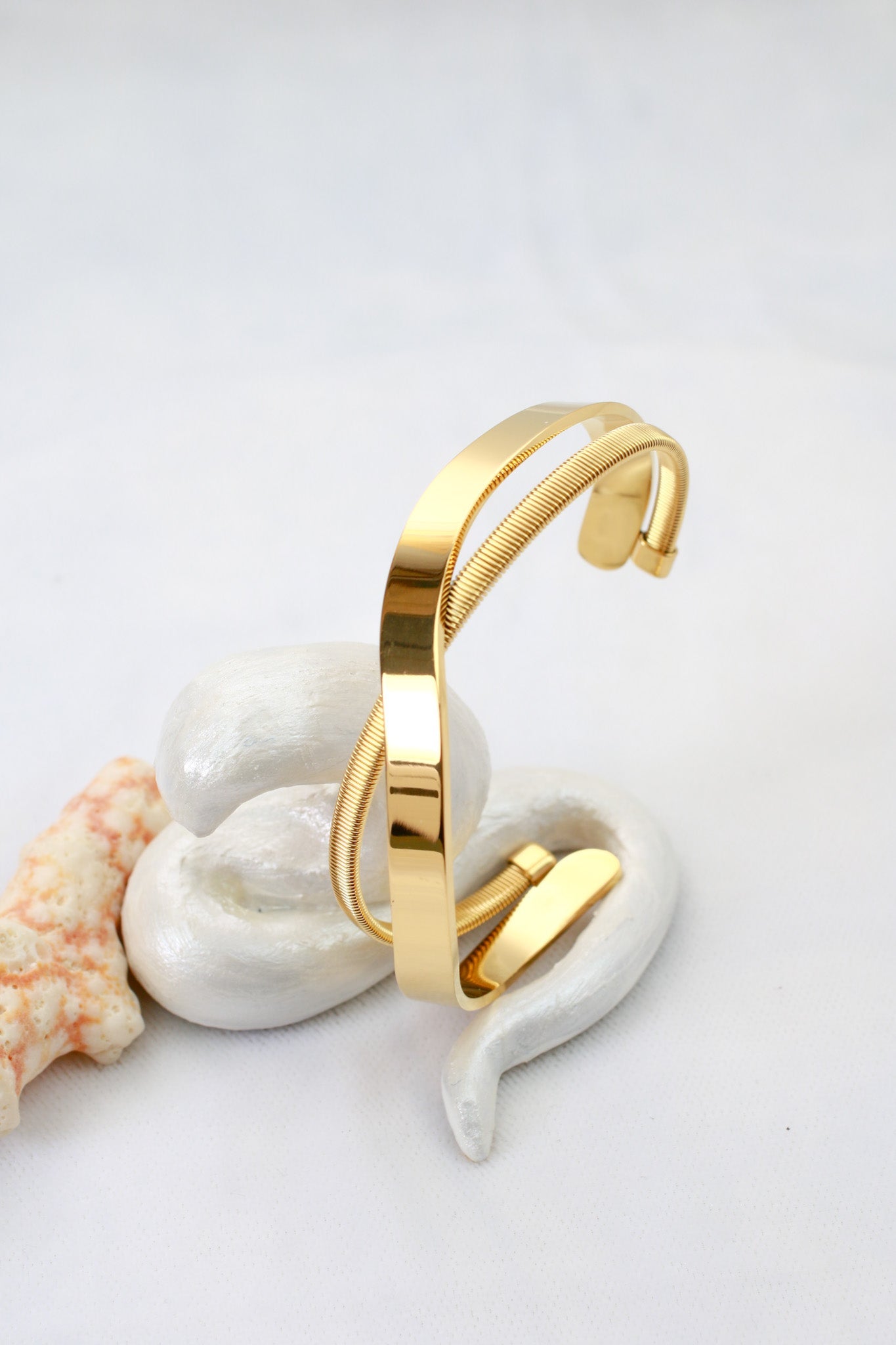 Anti - Tarnish Stainless Steel Bracelet — Gold Double - Strand Textured Cuff - Maxiblink