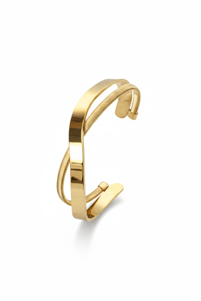 Anti - Tarnish Stainless Steel Bracelet — Gold Double - Strand Textured Cuff - Maxiblink