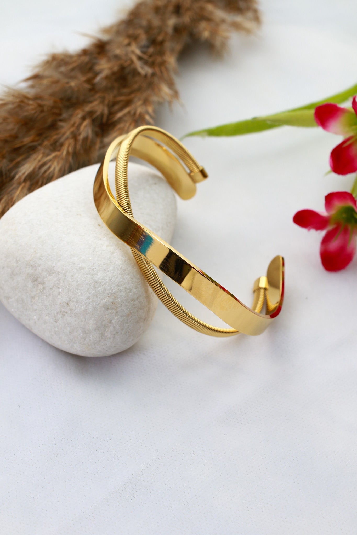 Anti - Tarnish Stainless Steel Bracelet — Gold Double - Strand Textured Cuff - Maxiblink
