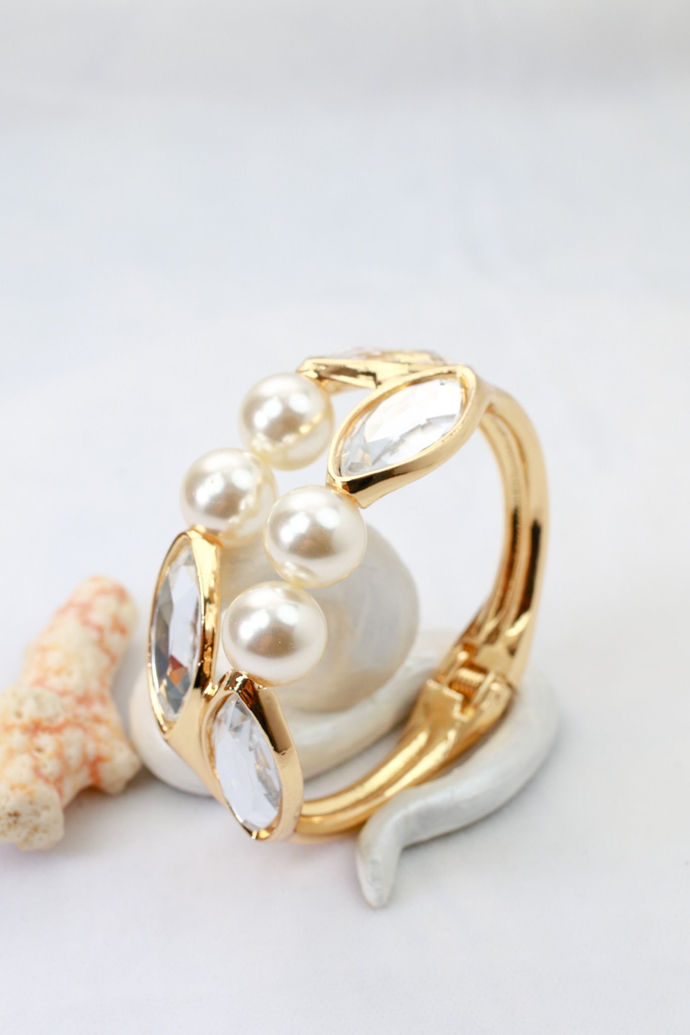 Anti - Tarnish Stainless Steel Bracelet — Gold Pearls & Marquise Crystal Cuff - Maxiblink