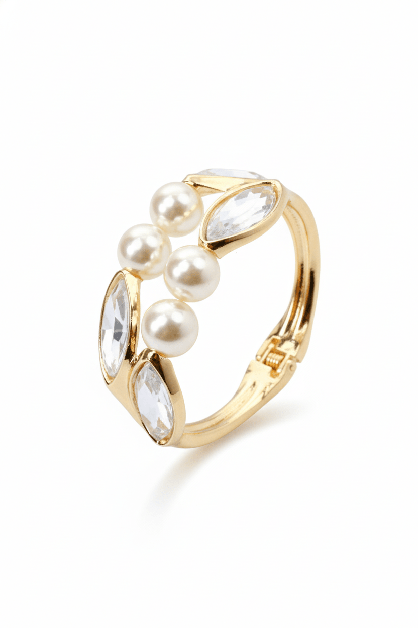 Anti - Tarnish Stainless Steel Bracelet — Gold Pearls & Marquise Crystal Cuff - Maxiblink