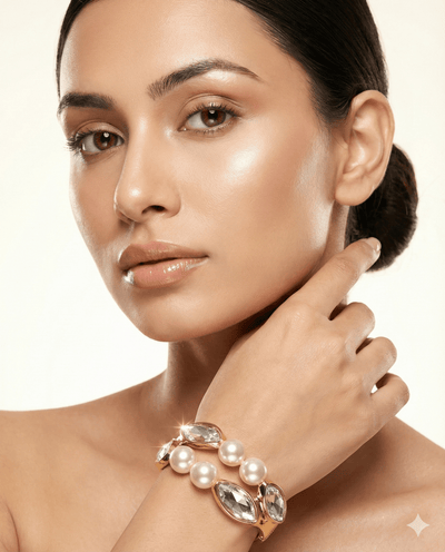 Anti - Tarnish Stainless Steel Bracelet — Gold Pearls & Marquise Crystal Cuff - Maxiblink