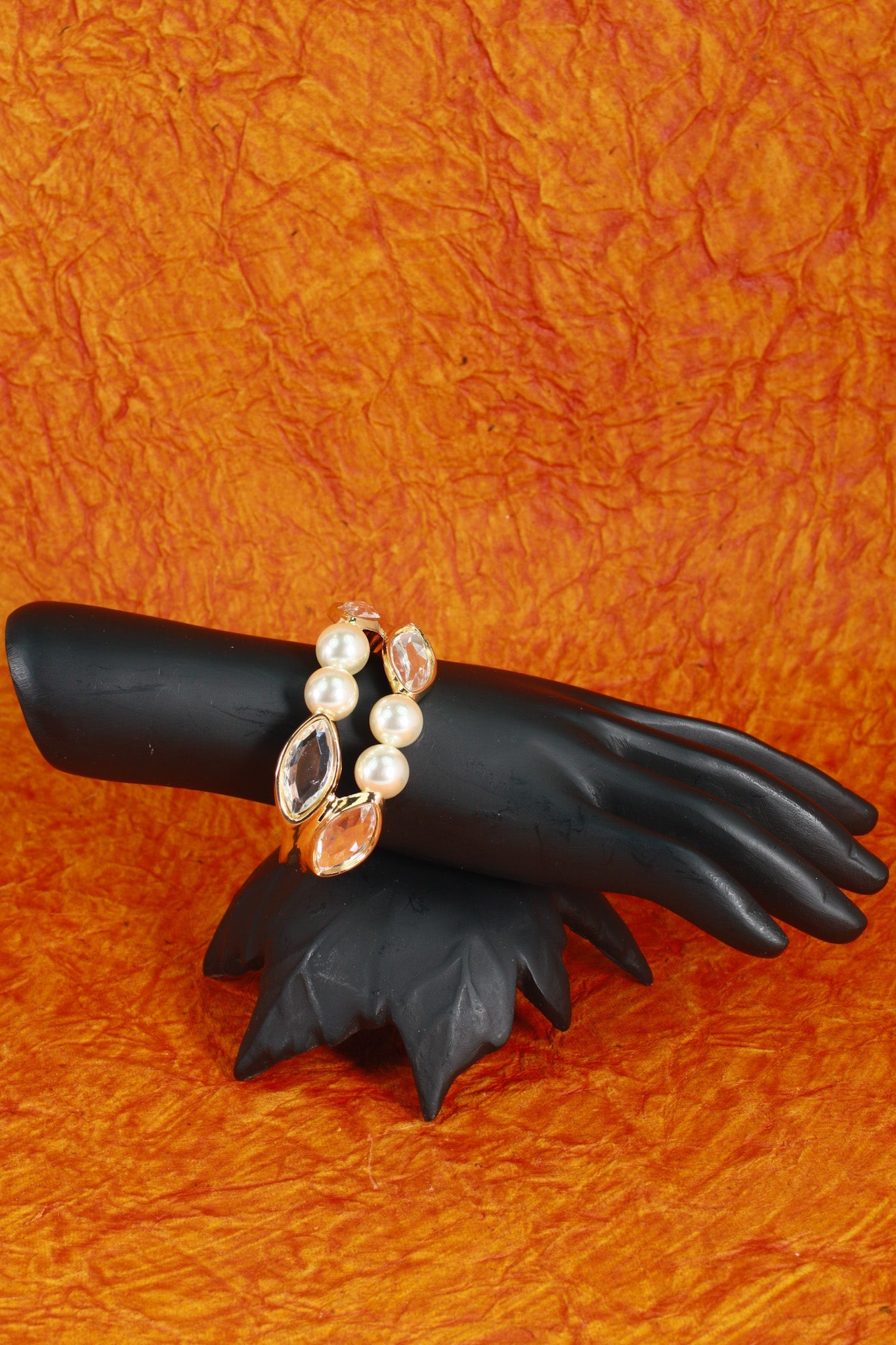 Anti - Tarnish Stainless Steel Bracelet — Gold Pearls & Marquise Crystal Cuff - Maxiblink