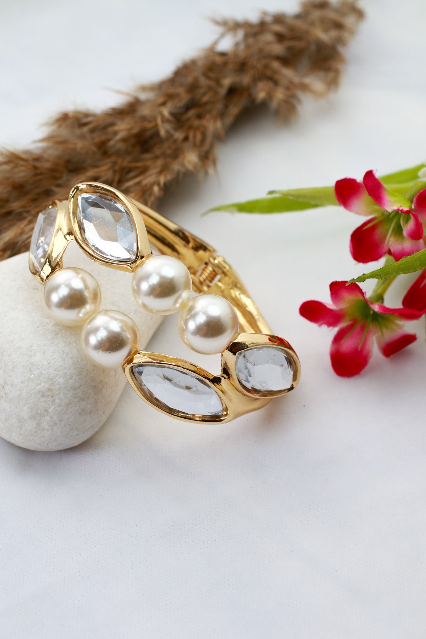 Anti - Tarnish Stainless Steel Bracelet — Gold Pearls & Marquise Crystal Cuff - Maxiblink